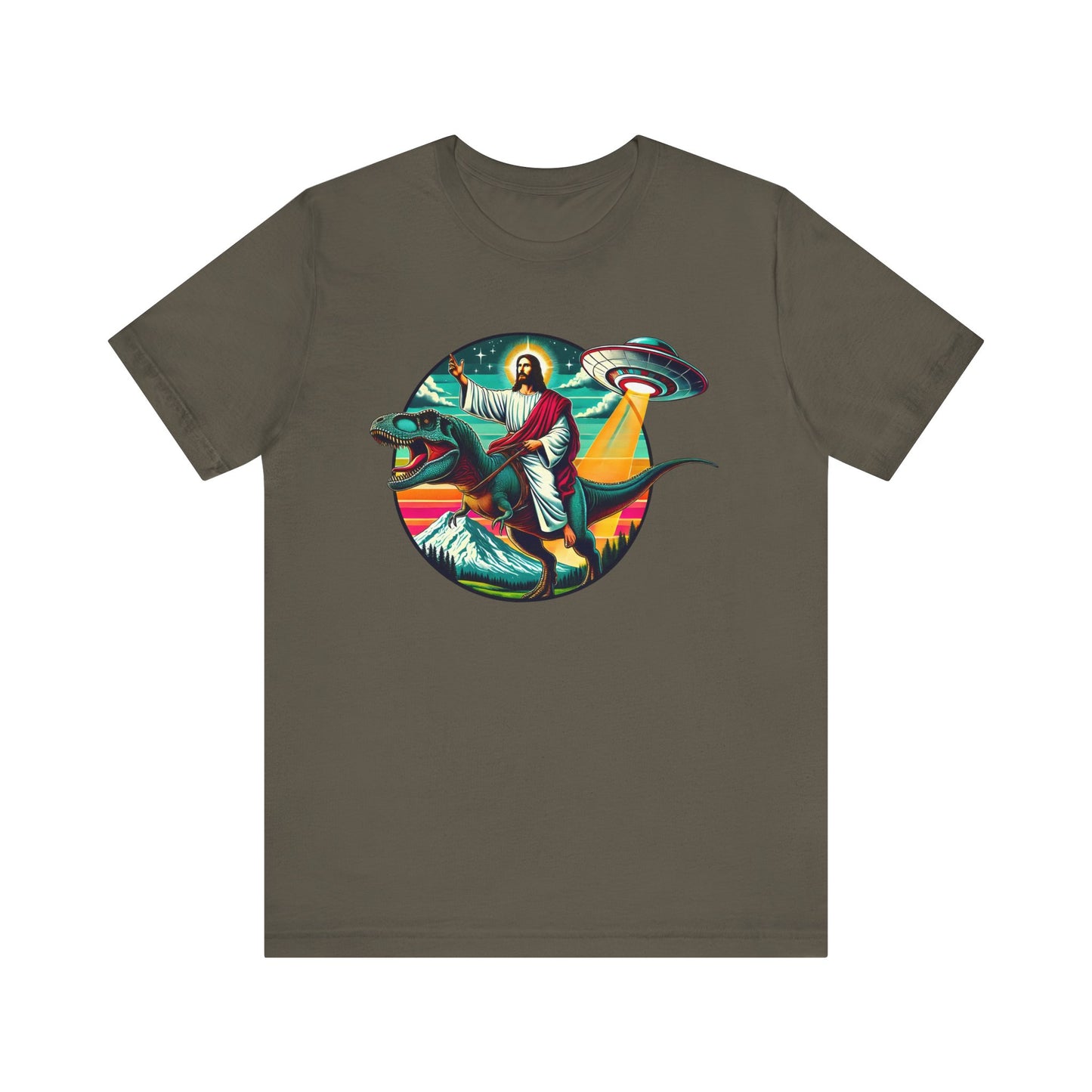 Jesus Riding Dinosaur Shirt – UFO Alien Cross Retro Christian God Tee