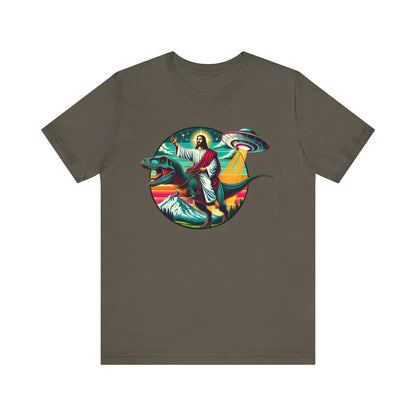 Jesus Riding Dinosaur Shirt – UFO Alien Cross Retro Christian God Tee