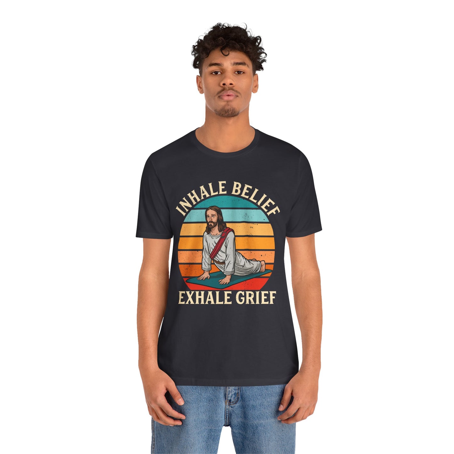 Jesus Inhale Belief Exhale Grief Shirt – Christian Yoga Retro Faith Wellness Tee