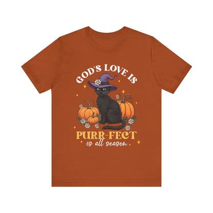 God’s Love Is Purr-fect Shirt – Cute Christian Black Cat Pumpkin Fall Faith Tee