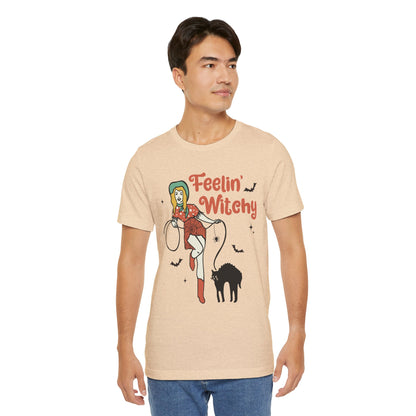 Feelin’ Witchy Shirt Vintage Pin-Up Witch & Black Cat Halloween Tee