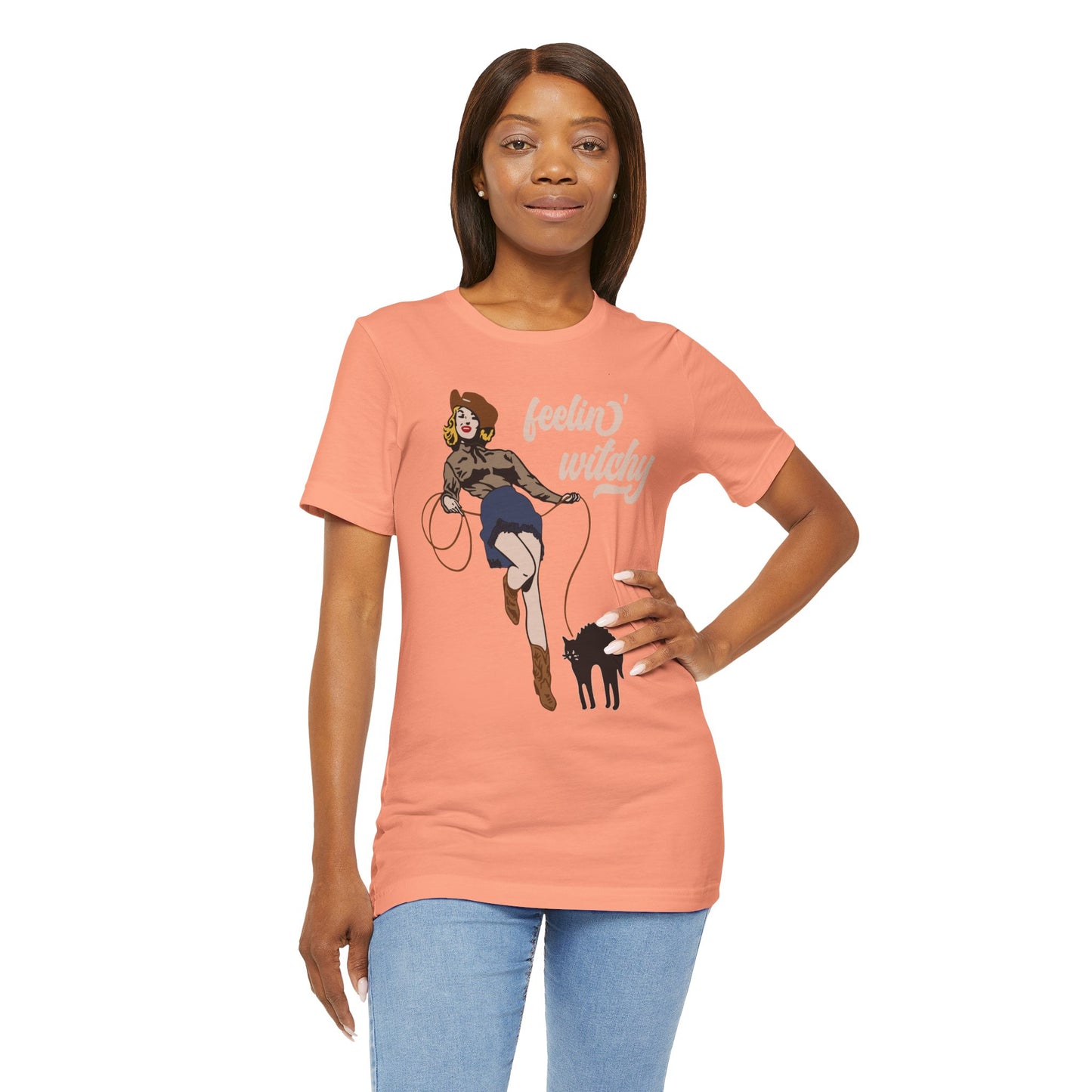 Feeling Witchy Shirt – Vintage Pin-Up Girl & Black Cat Halloween Tee