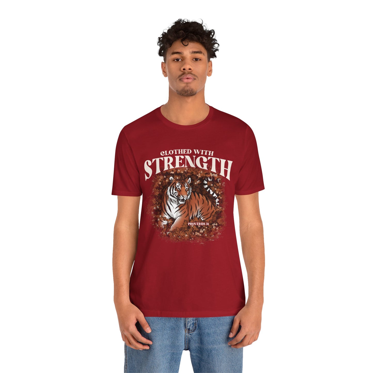 Clothed With Strength Shirt – Christian Tiger Cherry Blossom Proverbs 31:25 Tee