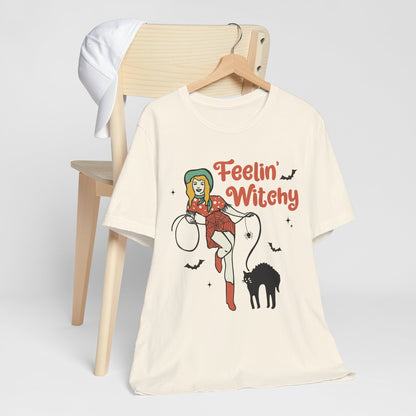 Feelin’ Witchy Shirt Vintage Pin-Up Witch & Black Cat Halloween Tee