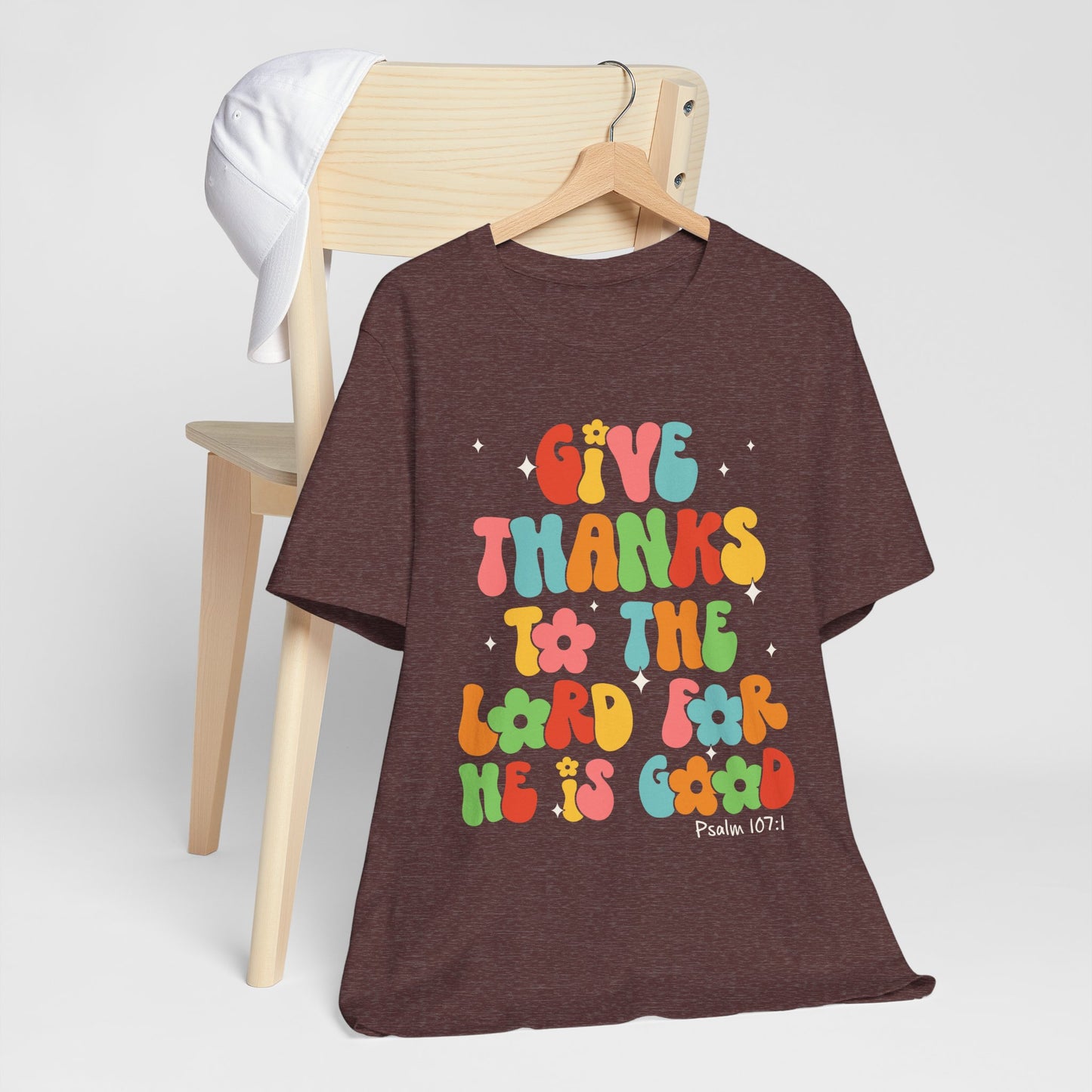 Give Thanks to the Lord Shirt – Groovy Psalm 107:1 Christian Bible Verse Tee