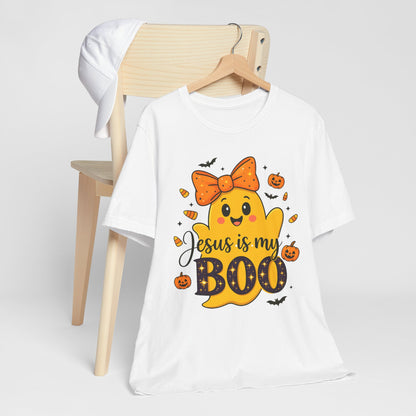 Jesus Is My Boo Shirt – Cute Christian Ghost with Bow Halloween Faith Tee