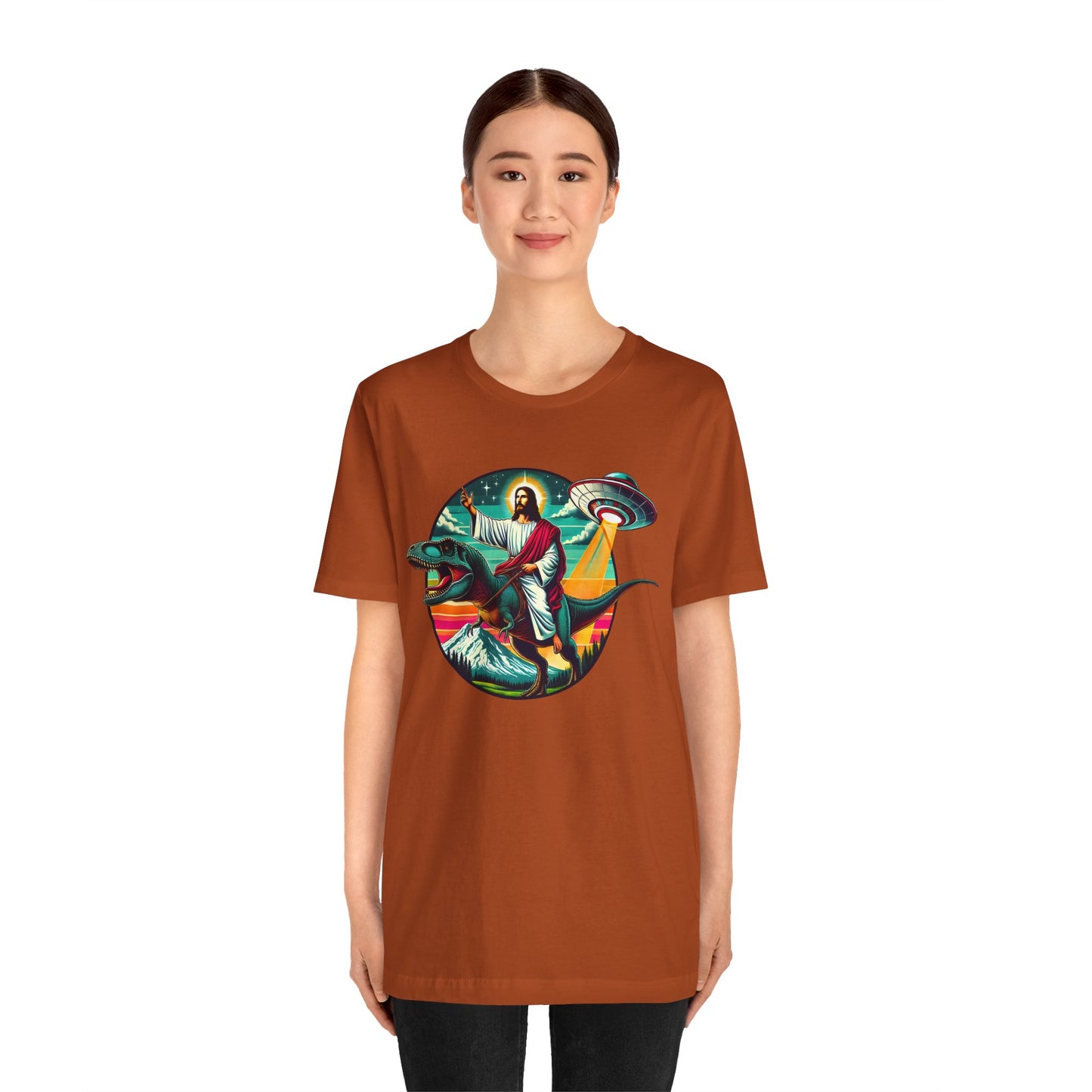 Jesus Riding Dinosaur Shirt – UFO Alien Cross Retro Christian God Tee