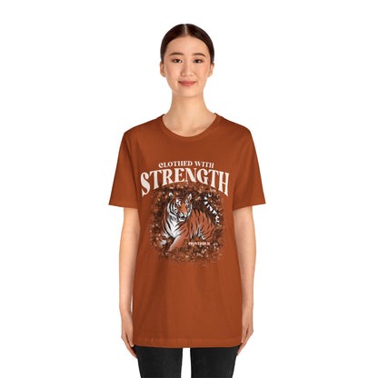 Clothed With Strength Shirt – Christian Tiger Cherry Blossom Proverbs 31:25 Tee