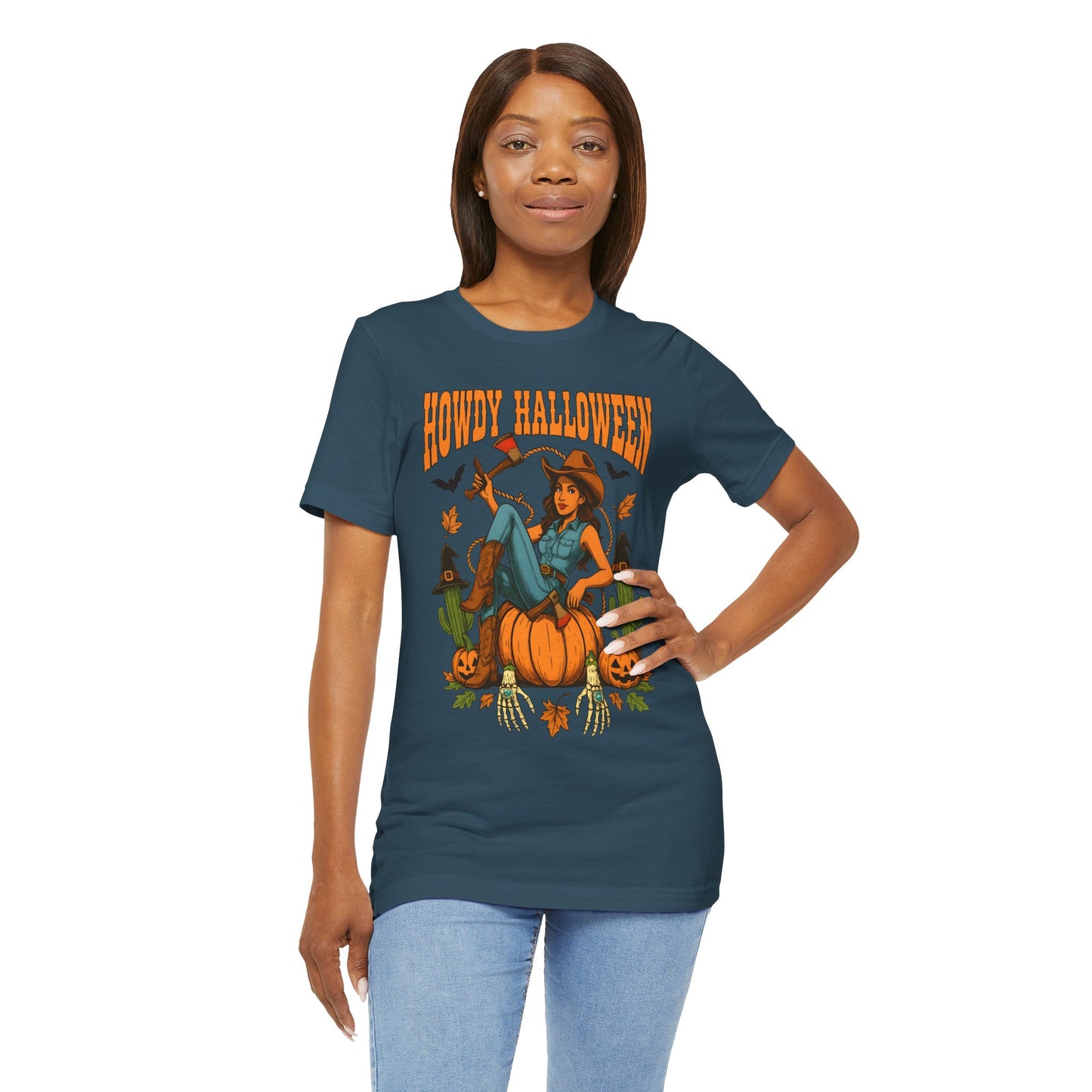 Howdy Halloween Shirt – Cowgirl on Pumpkin Tee with Skeleton Hands