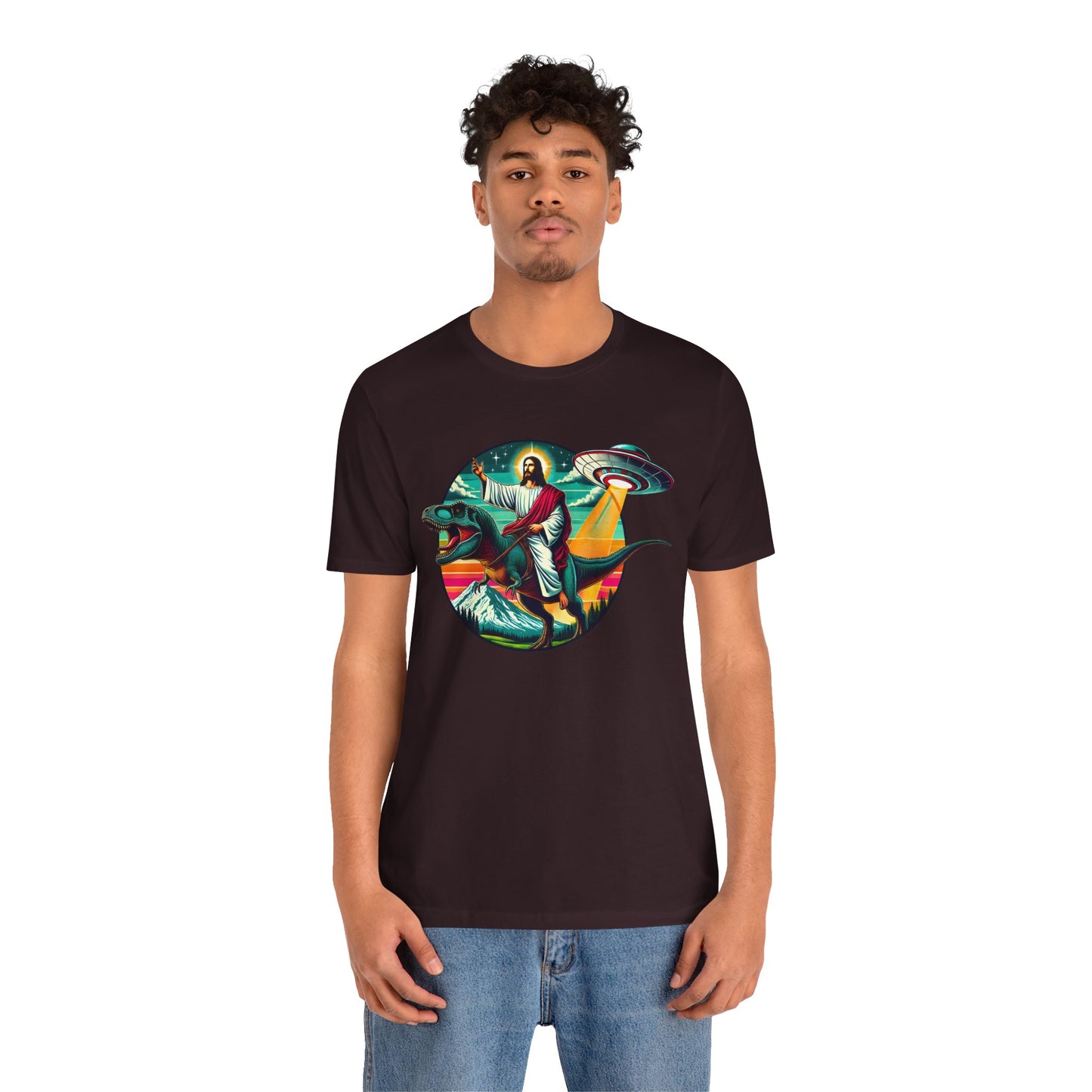 Jesus Riding Dinosaur Shirt – UFO Alien Cross Retro Christian God Tee