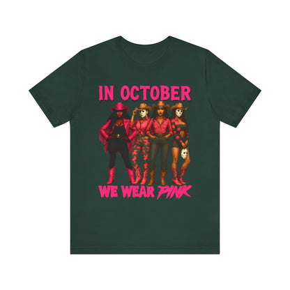 In October We Wear Pink Shirt – Western Cowgirl Squad Halloween Awareness Tee