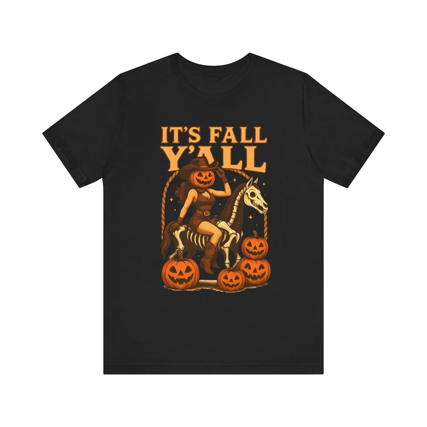 It’s Fall Y’all Shirt – Pumpkin Head Cowgirl Skeleton Horse Western Tee