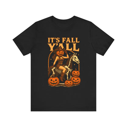 It’s Fall Y’all Shirt – Pumpkin Head Cowgirl Skeleton Horse Western Tee