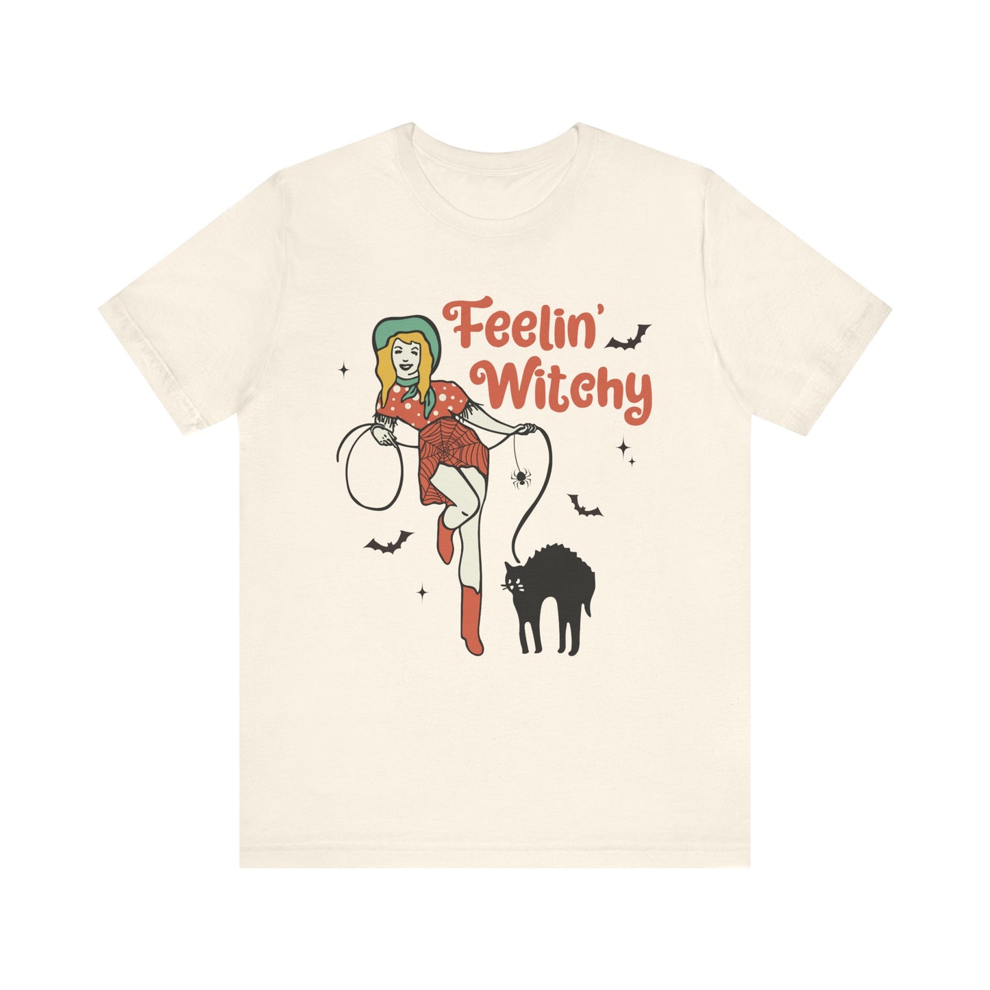 Feelin’ Witchy Shirt Vintage Pin-Up Witch & Black Cat Halloween Tee