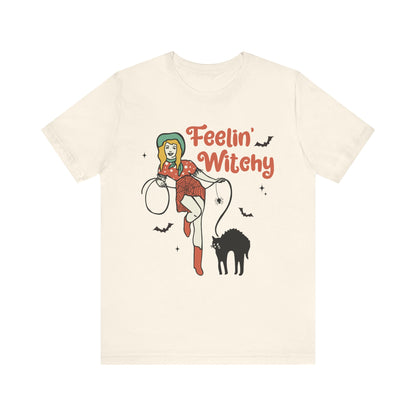Feelin’ Witchy Shirt Vintage Pin-Up Witch & Black Cat Halloween Tee