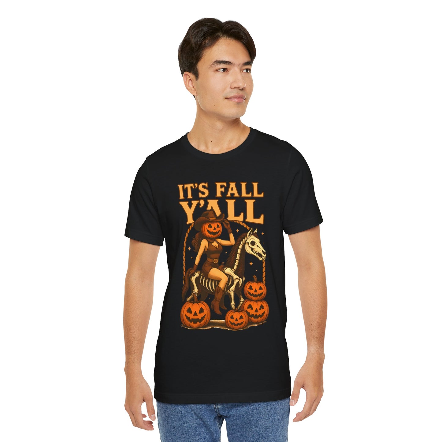 It’s Fall Y’all Shirt – Pumpkin Head Cowgirl Skeleton Horse Western Tee