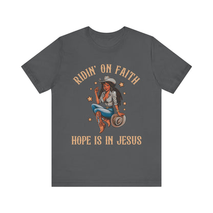 Ridin’ On Faith Cowgirl Shirt – Black Christian Western Jesus Tee