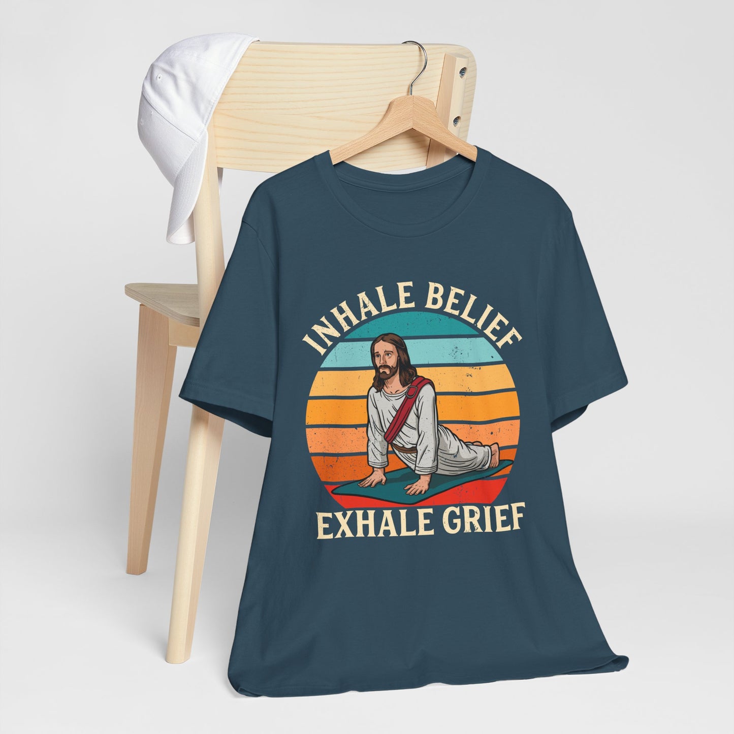 Jesus Inhale Belief Exhale Grief Shirt – Christian Yoga Retro Faith Wellness Tee