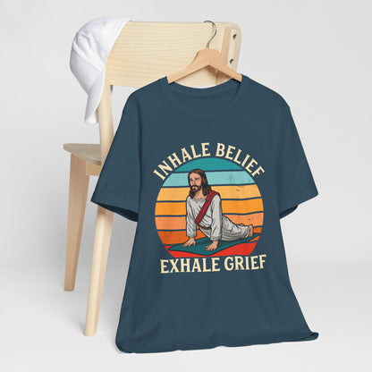 Jesus Inhale Belief Exhale Grief Shirt – Christian Yoga Retro Faith Wellness Tee