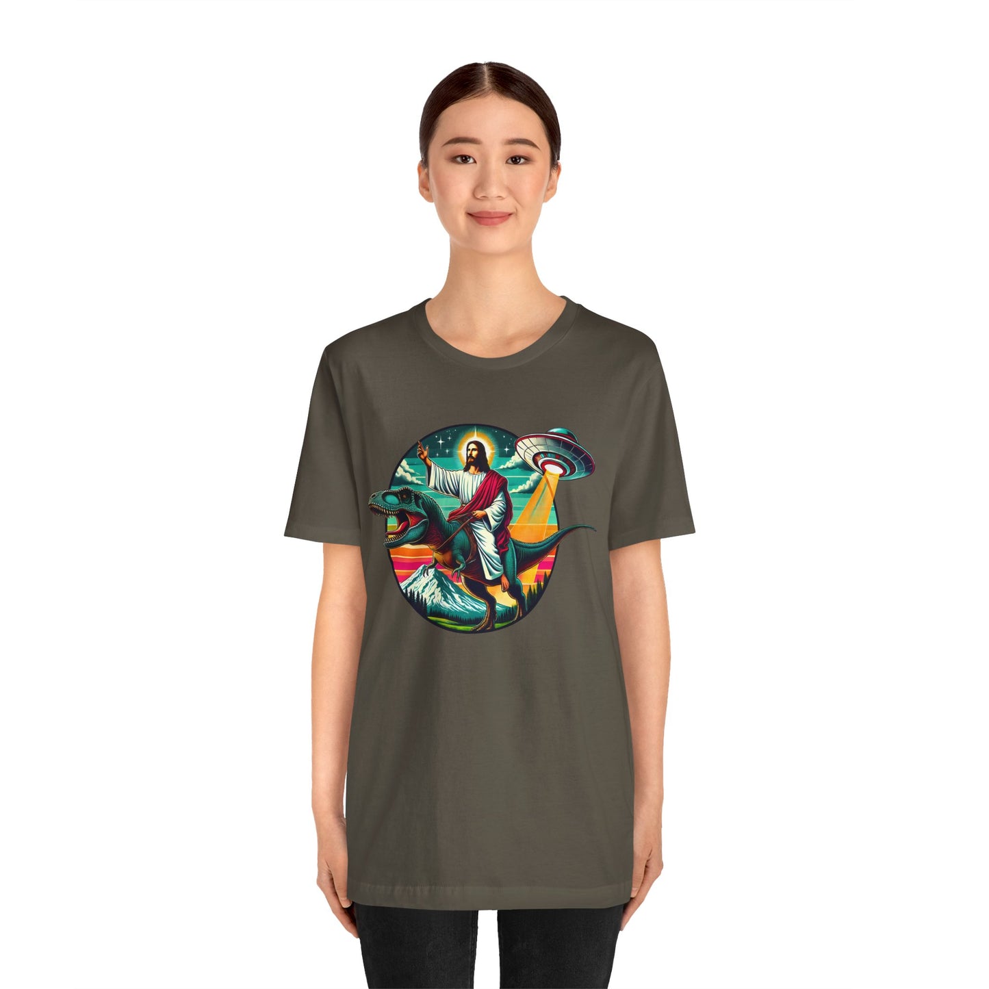 Jesus Riding Dinosaur Shirt – UFO Alien Cross Retro Christian God Tee
