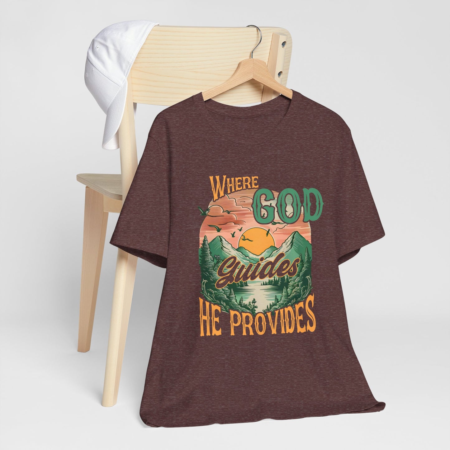 Where God Guides He Provides Shirt – Mountain Sunset Retro Christian Tee