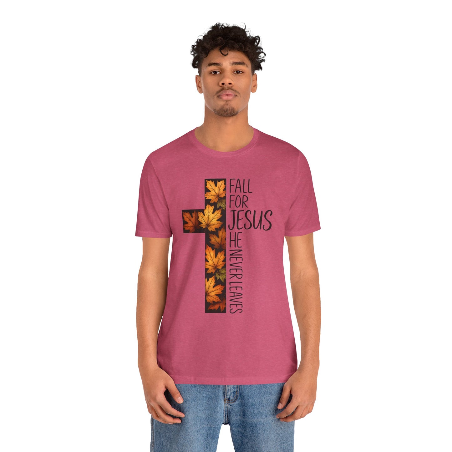 Fall for Jesus He Never Leaves Shirt – Retro Christian Cross Thanksgiving Tee