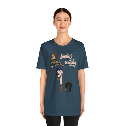 Feeling Witchy Shirt – Vintage Pin-Up Girl & Black Cat Halloween Tee