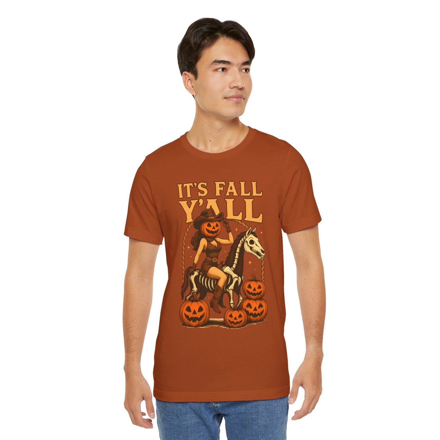 It’s Fall Y’all Shirt – Pumpkin Head Cowgirl Skeleton Horse Western Tee