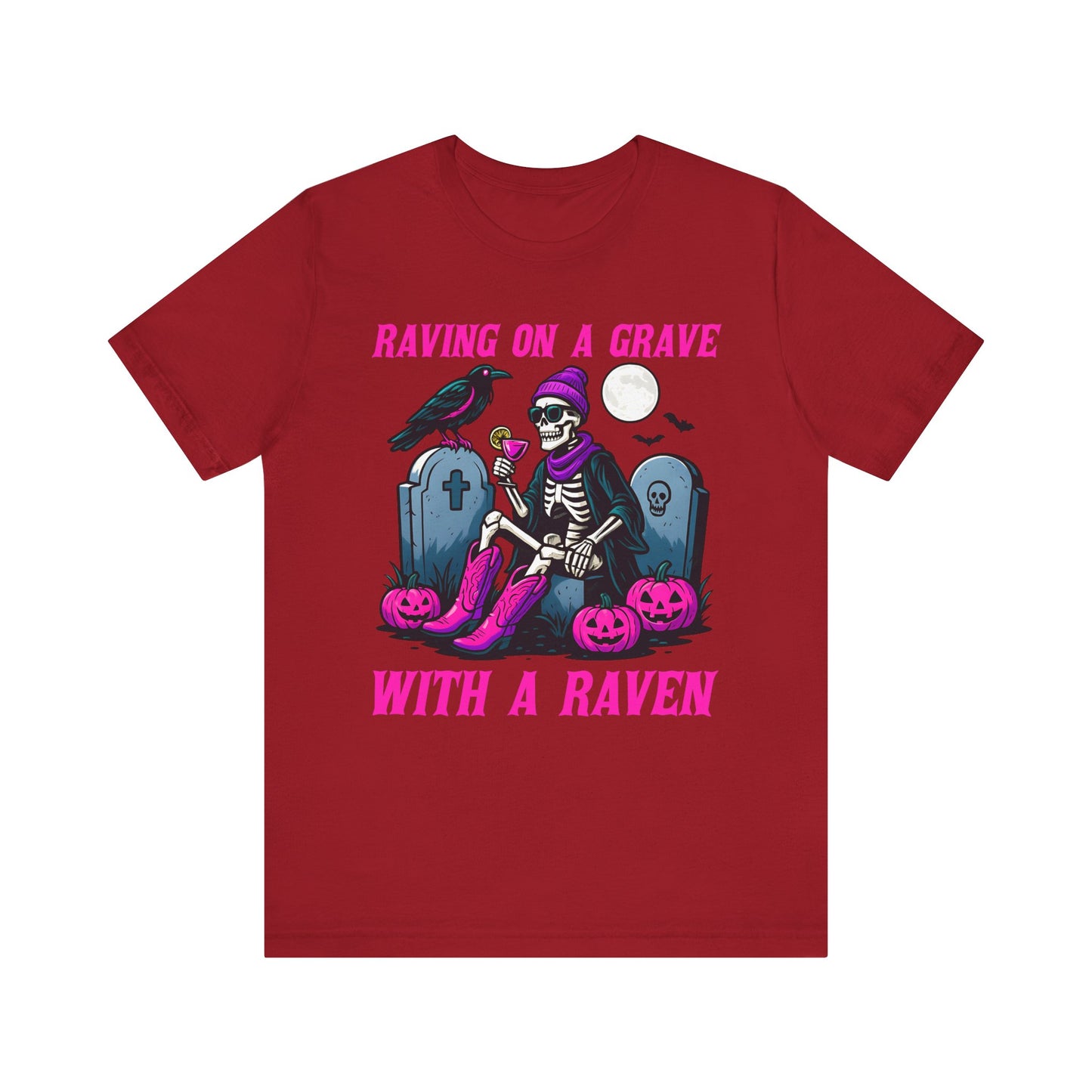 Raving on a Grave Shirt – Halloween Skeleton Raven Gothic Party Tee