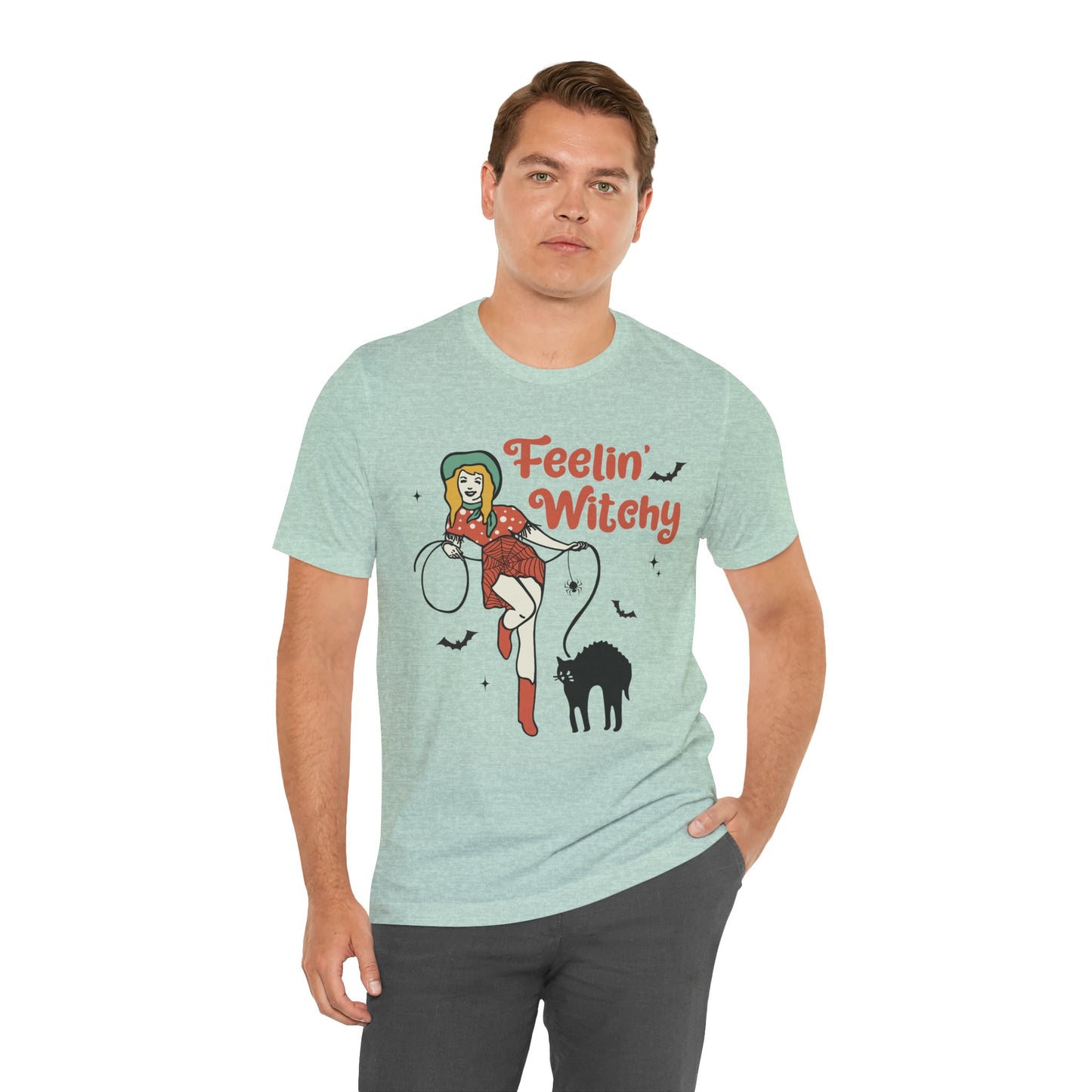 Feelin’ Witchy Shirt Vintage Pin-Up Witch & Black Cat Halloween Tee