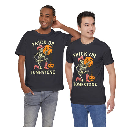 Trick or Tombstone Shirt Funny Skeleton Cowboy Halloween Tee, Spooky Western Rodeo Outfit