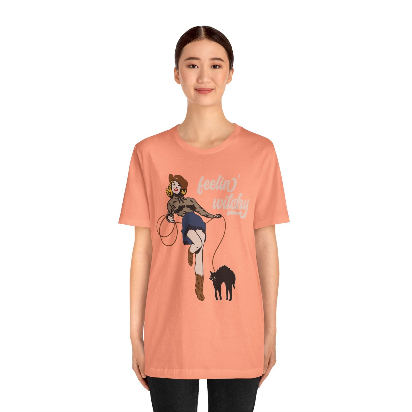 Feeling Witchy Shirt – Vintage Pin-Up Girl & Black Cat Halloween Tee