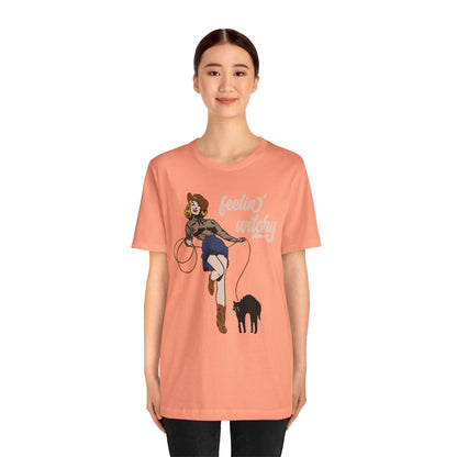 Feeling Witchy Shirt – Vintage Pin-Up Girl & Black Cat Halloween Tee