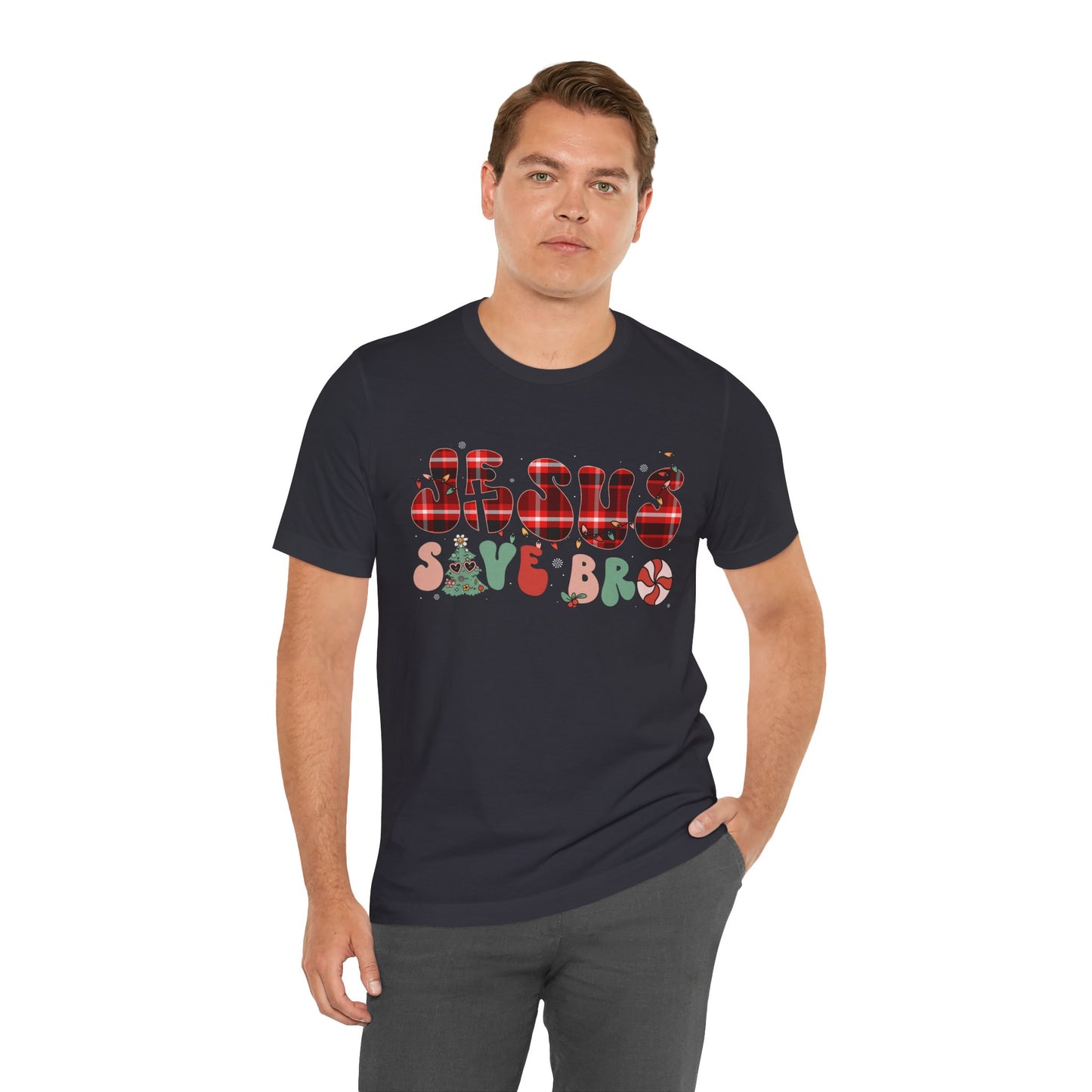 Groovy Jesus Saves Bro Shirt – Retro Red Plaid Christian Christmas Tee
