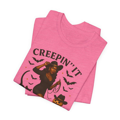 Creepin’ It Country Shirt – Spooky Cowgirl Pumpkin Western Halloween Tee