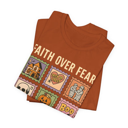 Faith Over Fear Shirt, Christian Halloween Stamp T-Shirt, Religious Spooky Season Tee