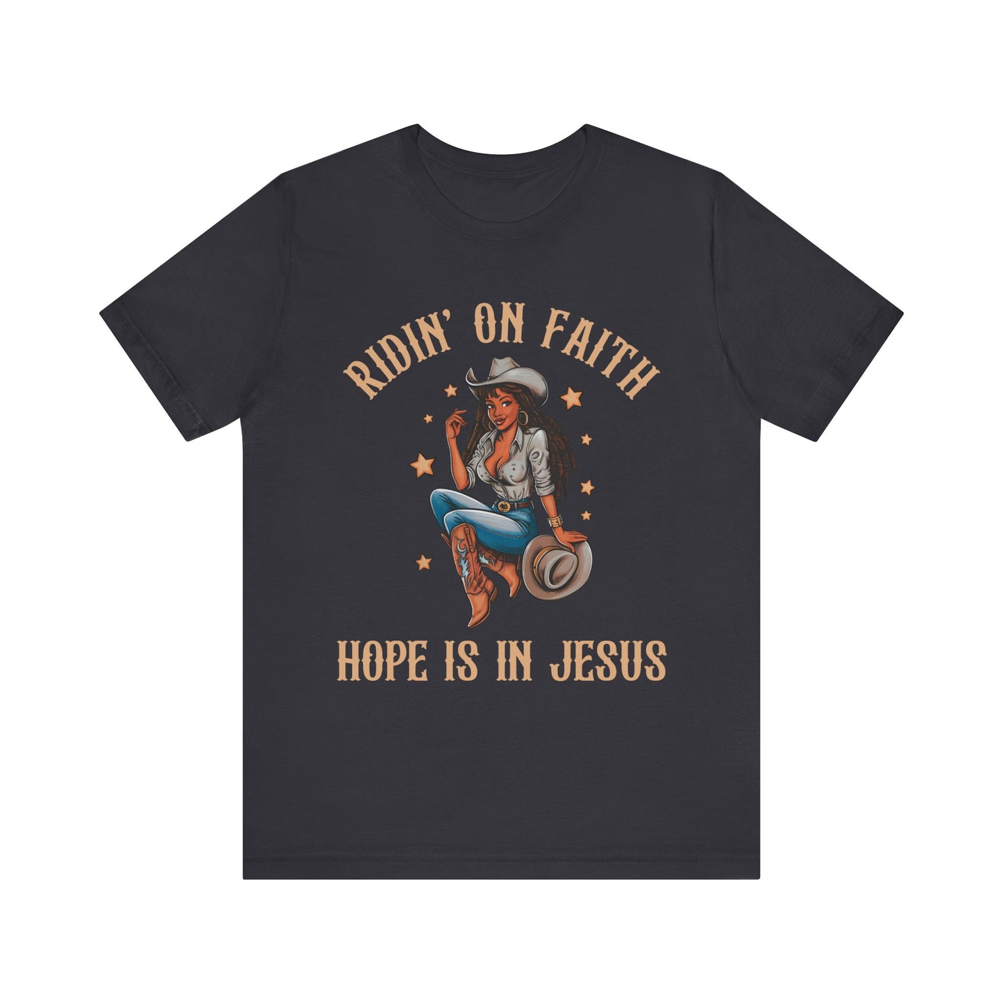 Ridin’ On Faith Cowgirl Shirt – Black Christian Western Jesus Tee
