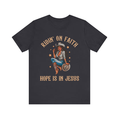 Ridin’ On Faith Cowgirl Shirt – Black Christian Western Jesus Tee
