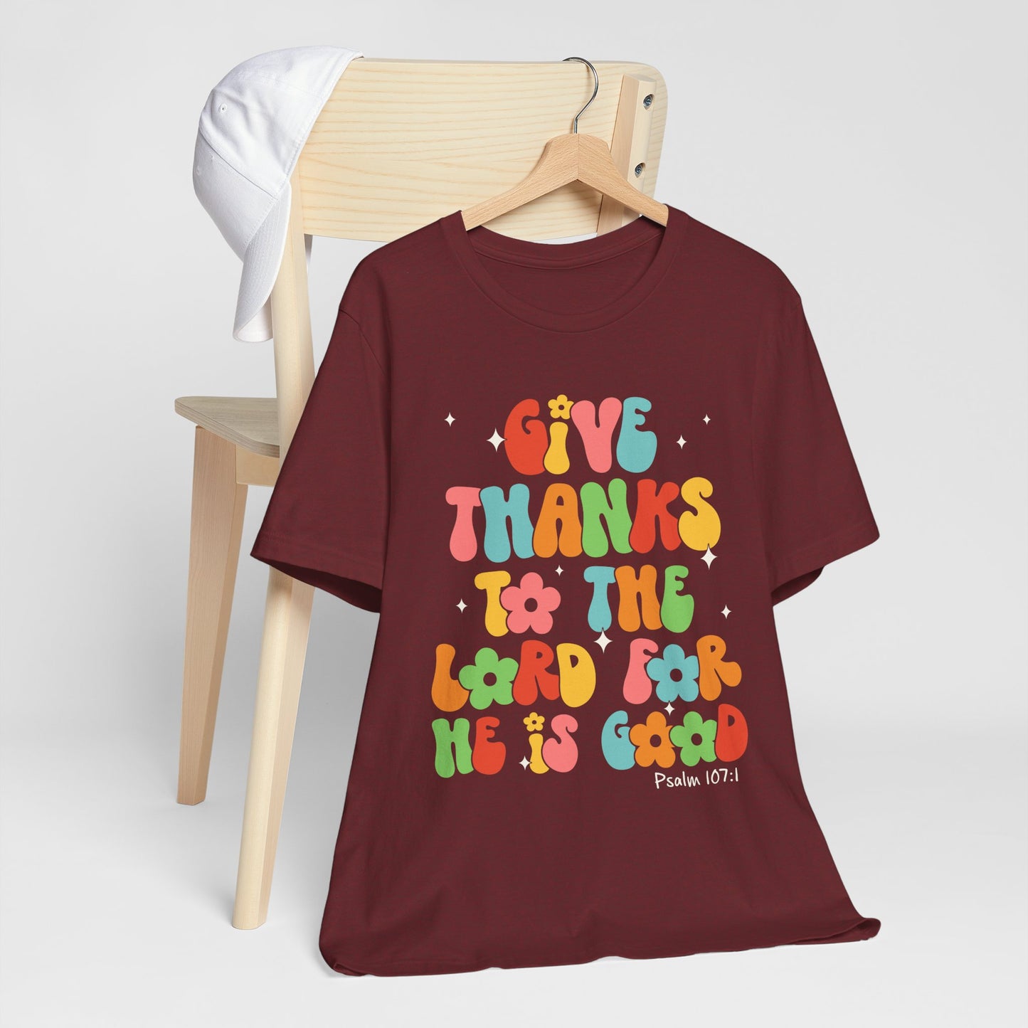 Give Thanks to the Lord Shirt – Groovy Psalm 107:1 Christian Bible Verse Tee