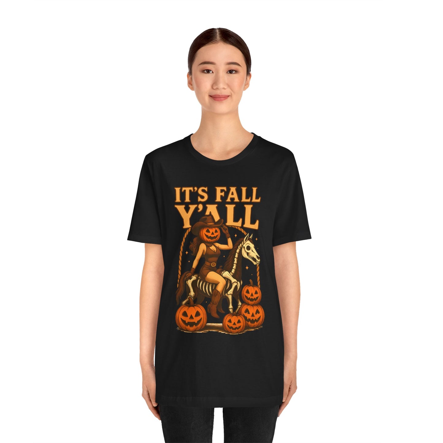 It’s Fall Y’all Shirt – Pumpkin Head Cowgirl Skeleton Horse Western Tee
