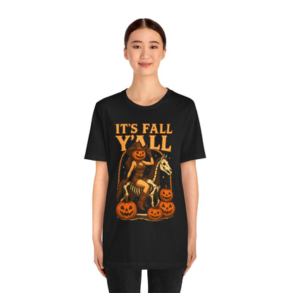 It’s Fall Y’all Shirt – Pumpkin Head Cowgirl Skeleton Horse Western Tee