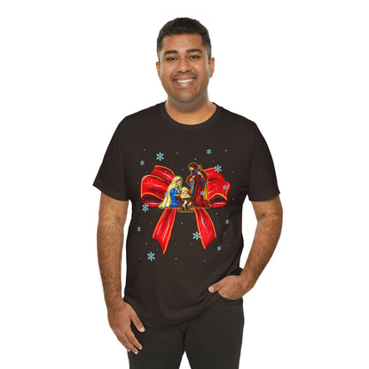 Nativity Scene Christmas Shirt – Coquette Bow Faith Tee, Jesus Holiday Pajama Top