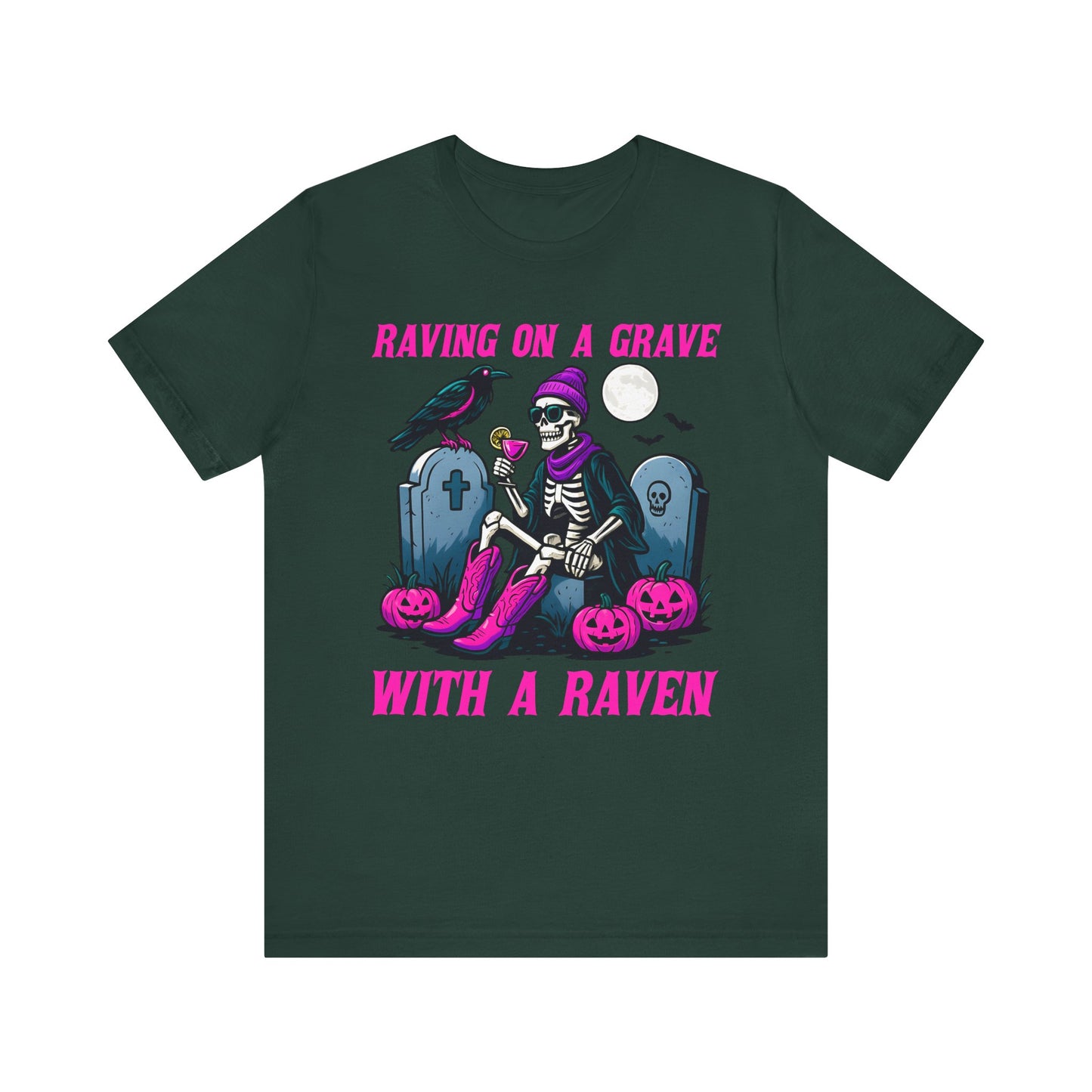 Raving on a Grave Shirt – Halloween Skeleton Raven Gothic Party Tee