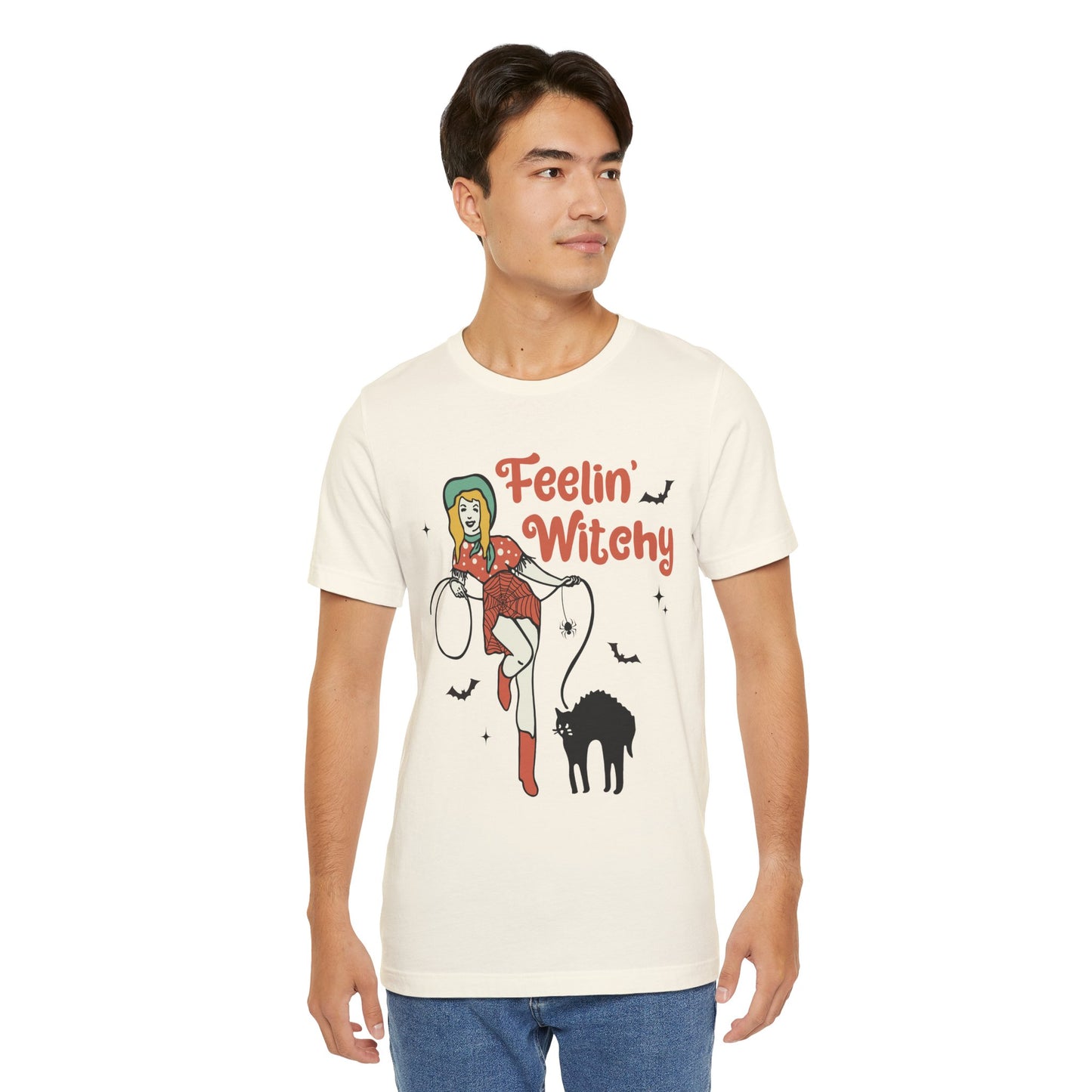 Feelin’ Witchy Shirt Vintage Pin-Up Witch & Black Cat Halloween Tee