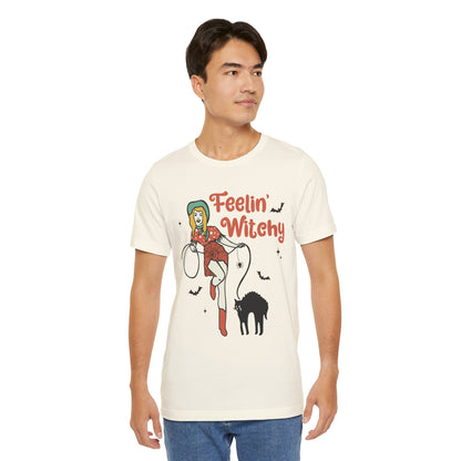 Feelin’ Witchy Shirt Vintage Pin-Up Witch & Black Cat Halloween Tee