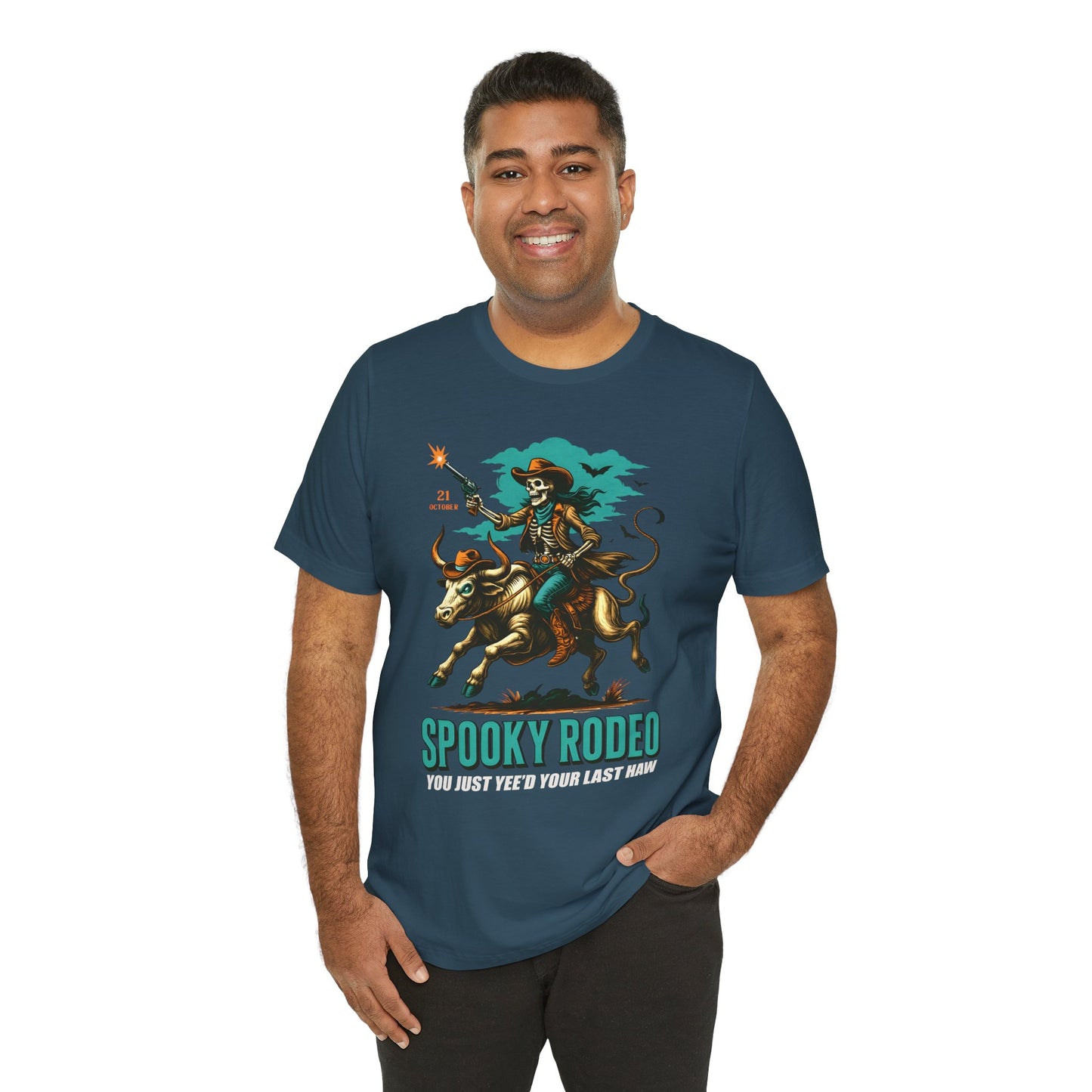 Spooky Rodeo Shirt Skeleton Cowboy Halloween Tee, Western Bull Rider Graphic for Fall