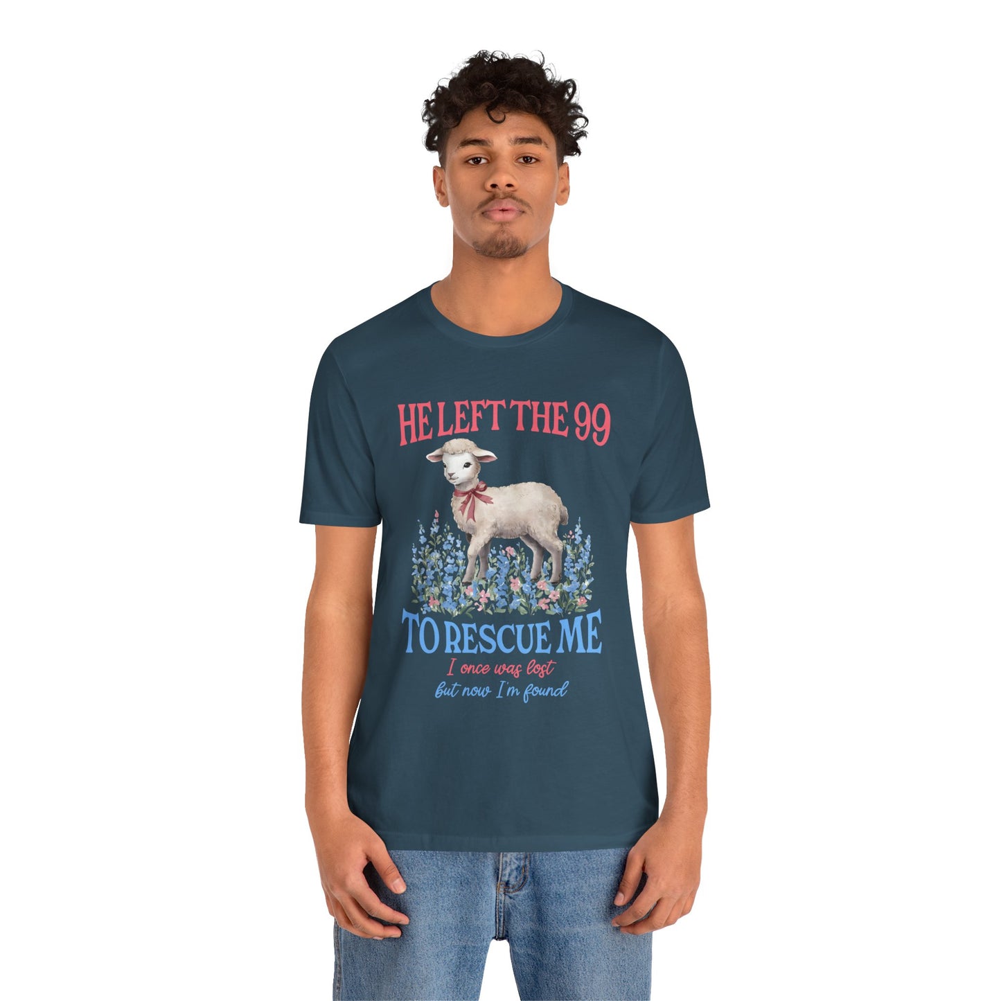 He Left the 99 to Rescue Me Shirt – Christian Lamb Flowers Faith Tee
