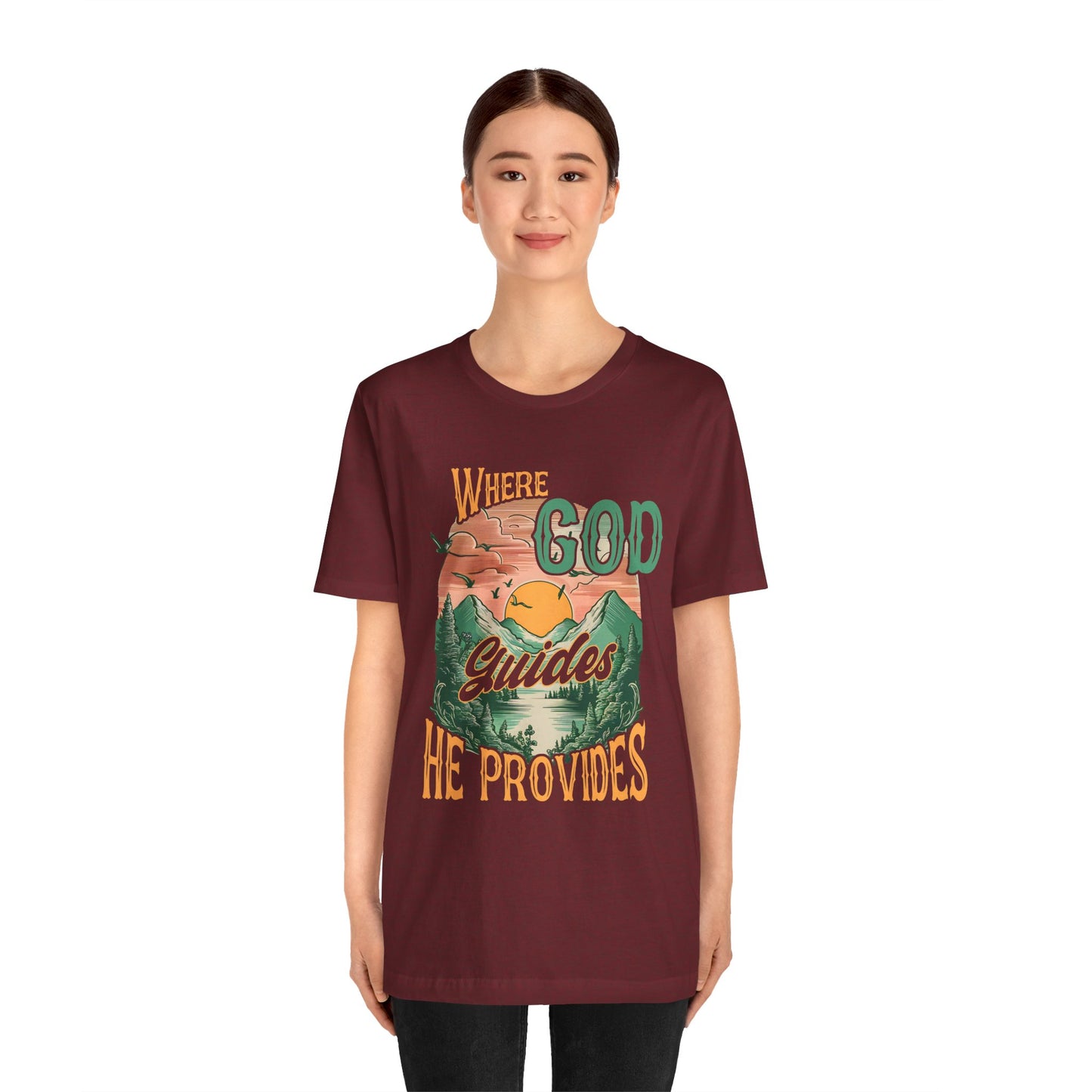 Where God Guides He Provides Shirt – Mountain Sunset Retro Christian Tee