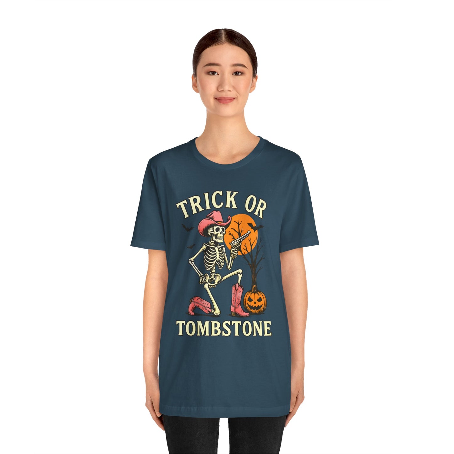 Trick or Tombstone Shirt Funny Skeleton Cowboy Halloween Tee, Spooky Western Rodeo Outfit