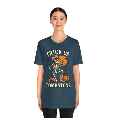 Trick or Tombstone Shirt Funny Skeleton Cowboy Halloween Tee, Spooky Western Rodeo Outfit